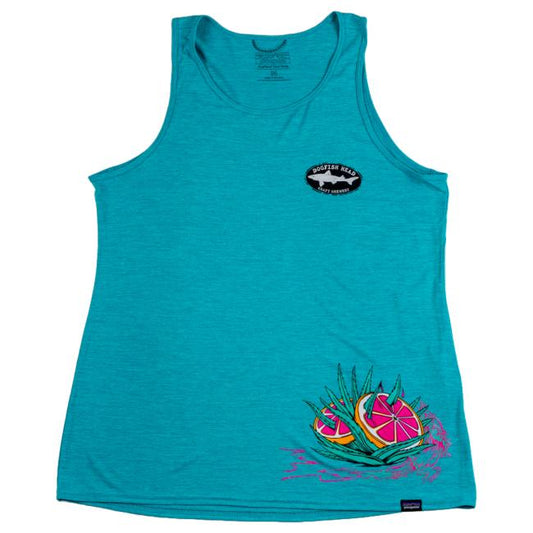 The Patagonia W Turqoise Runner Tank is a turquoise, moisture-wicking top with a small black and white Boca Raton, Florida logo on the left chest and a vibrant grapefruit-in-aloe graphic at the lower right corner.