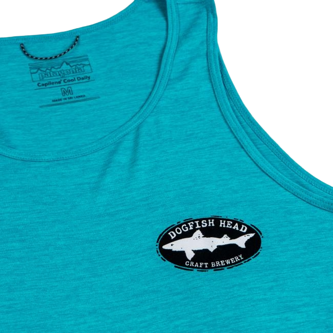 The Patagonia W Turquoise Runner Tank is a moisture-wicking, recycled polyester tank top featuring an oval black and white Dogfish Head Craft Brewery fish logo on the left chest, with a visible shirt tag at the neck.