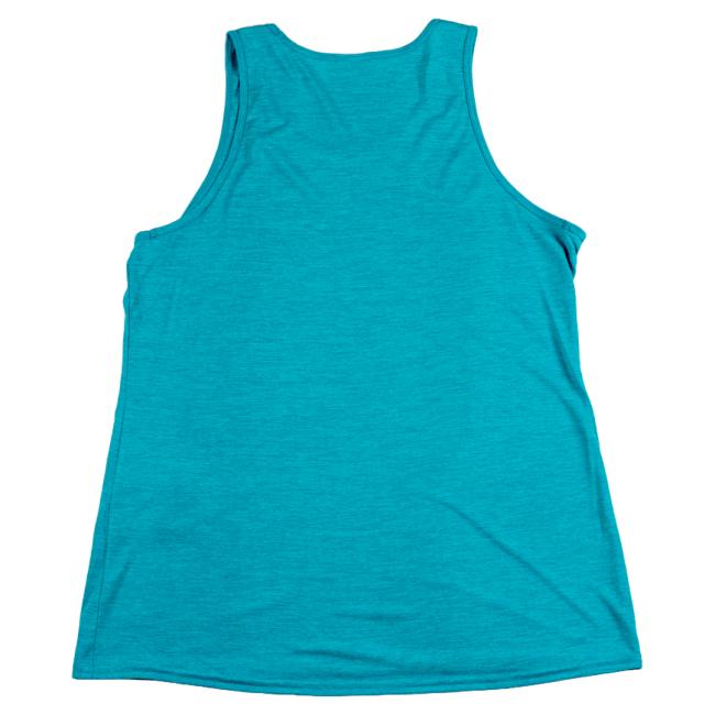 A Patagonia W Turqoise Runner Tank is laid flat with the back facing up, highlighting its simple design, soft recycled polyester fabric, and moisture-wicking properties.