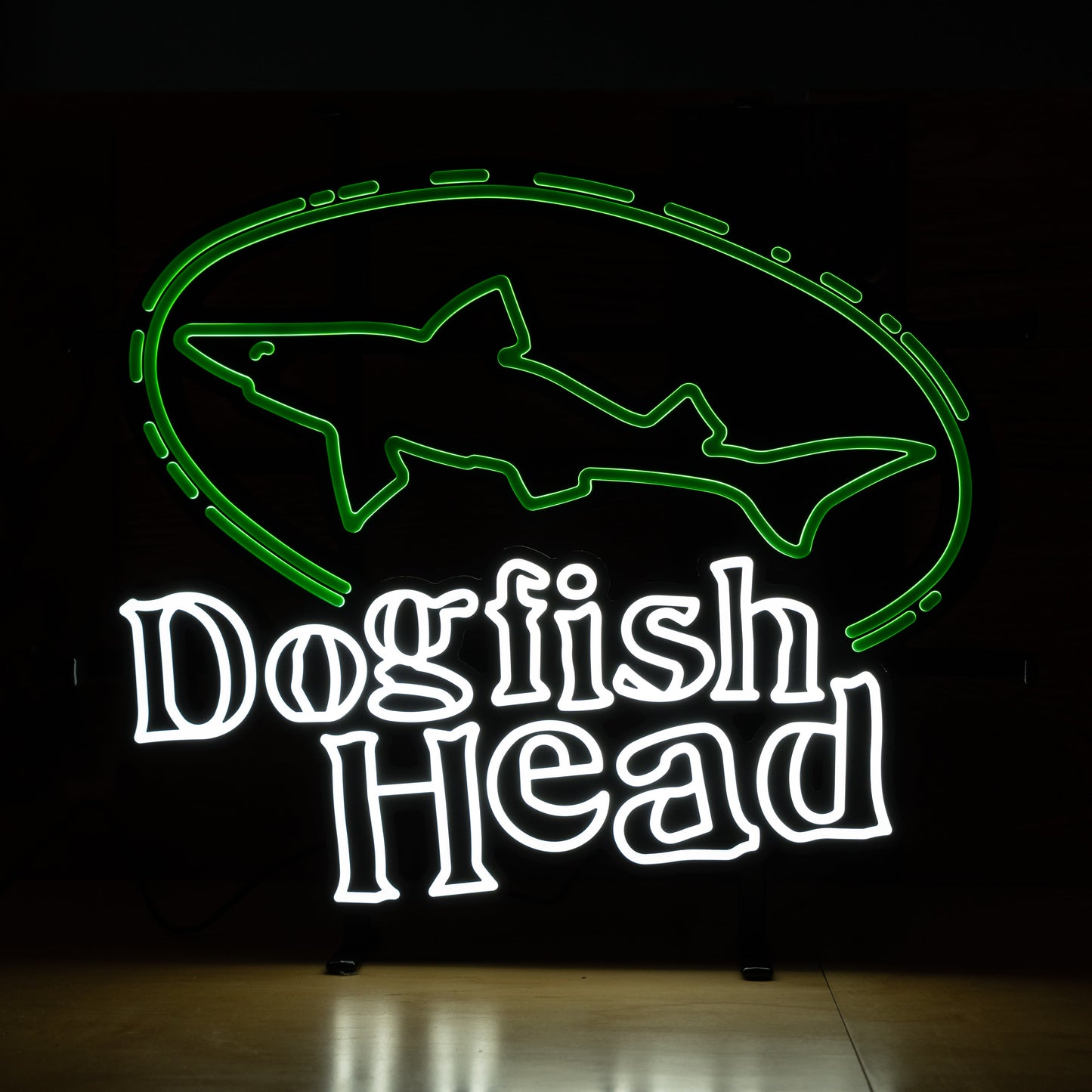 Dogfish Head LED neon light featuring green shark logo and white Dogfish Head lettering, illuminated bar wall sign