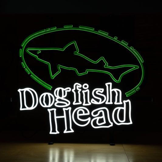 Dogfish Head LED neon light featuring green shark logo and white Dogfish Head lettering, illuminated bar wall sign