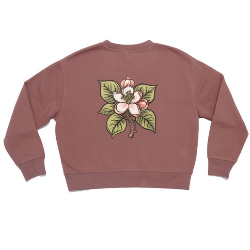 Back of crewneck features large image of pink flower and green leaves. 