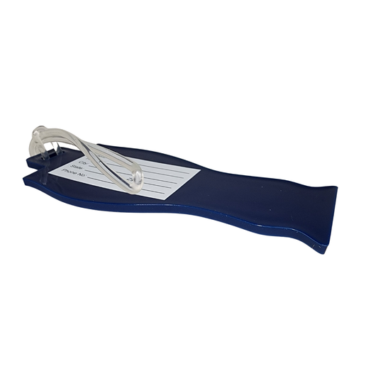 The back of the Luggage Tag modeled after a Sam Adams perfect pint. Navy blue background with a white rectangle with fields to fill in personal information.