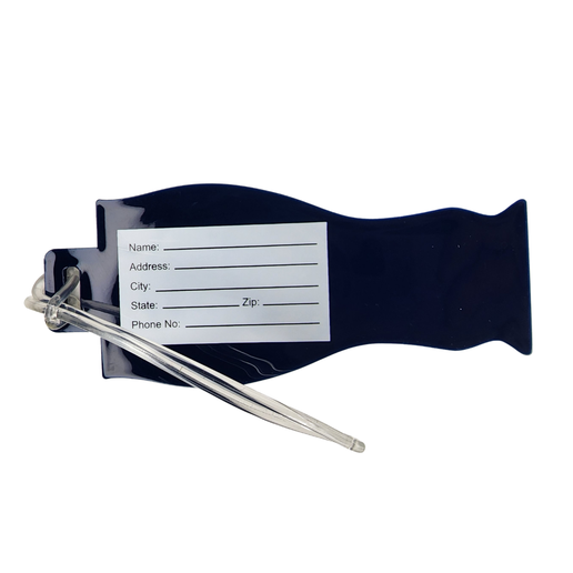 The back of the Luggage Tag modeled after a Sam Adams perfect pint. Navy blue background with a white rectangle with fields to fill in personal information.
