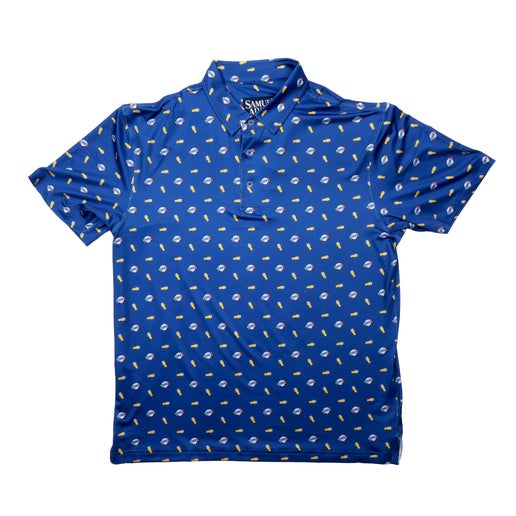 A navy blue polo shirt with an all-over print of cartoon-style beer pints, laid flat on a white background
