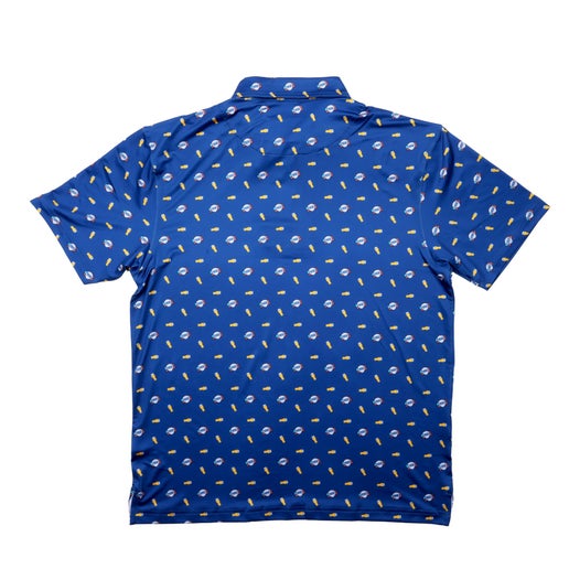 A navy blue polo shirt with an all-over print of cartoon-style beer pints, laid flat on a white background