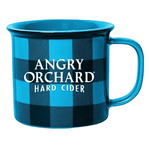 Angry Orchard Blue and Black Plaid Ceramic Mug, with an "Angry Orchard, Hard Cider" logo written in white text