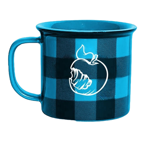 Angry Orchard Blue and Black Plaid Ceramic Mug, with a white outlined angry orchard apple logo