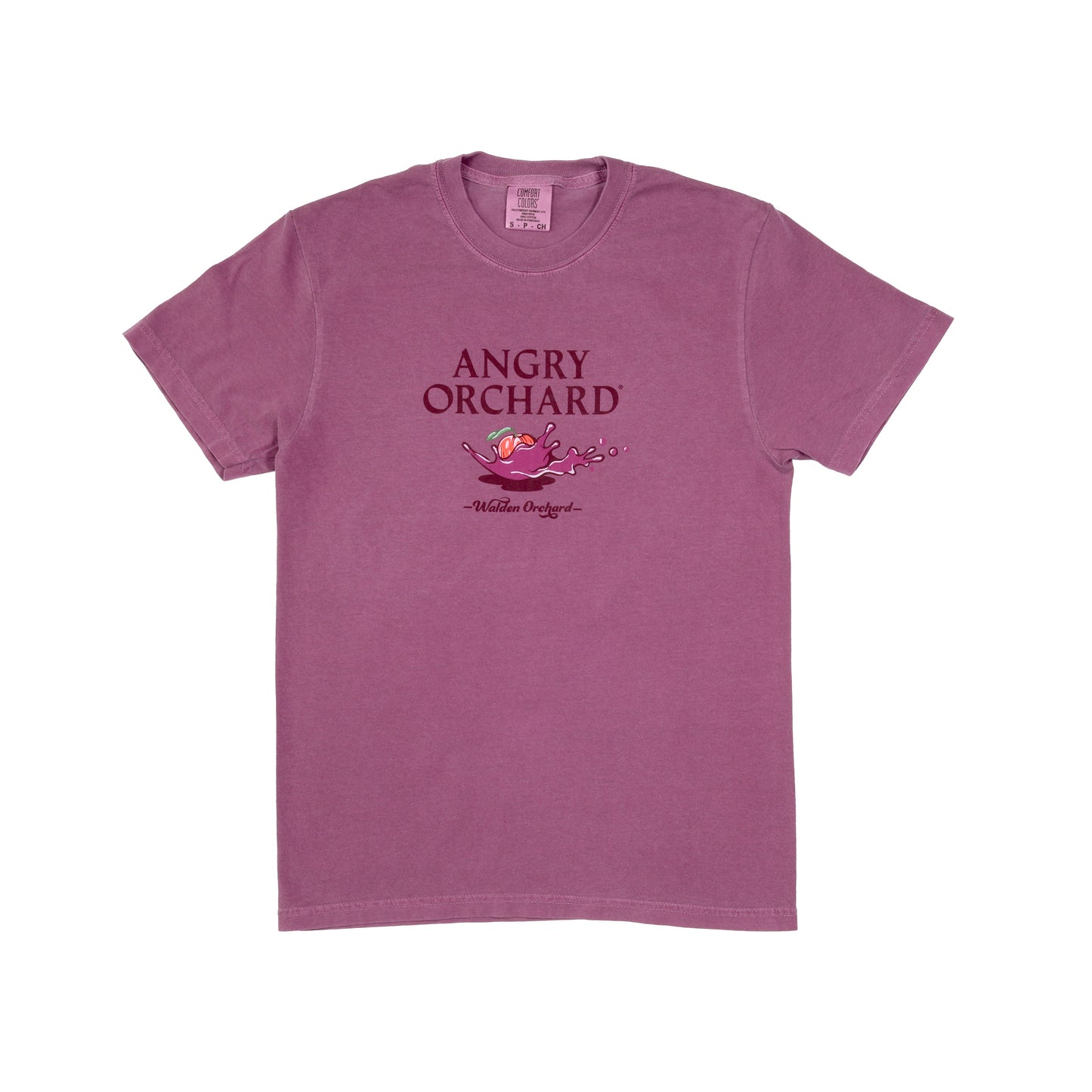 Plum Bike Short Sleeve Tee Design written in dark plum text. From top to bottom reading "Angry Orchard", then showing an Angry Orchard apple in motion, making a pink splash, underneath is "Walden Orchard" styled in a smaller dark plum retro font. 