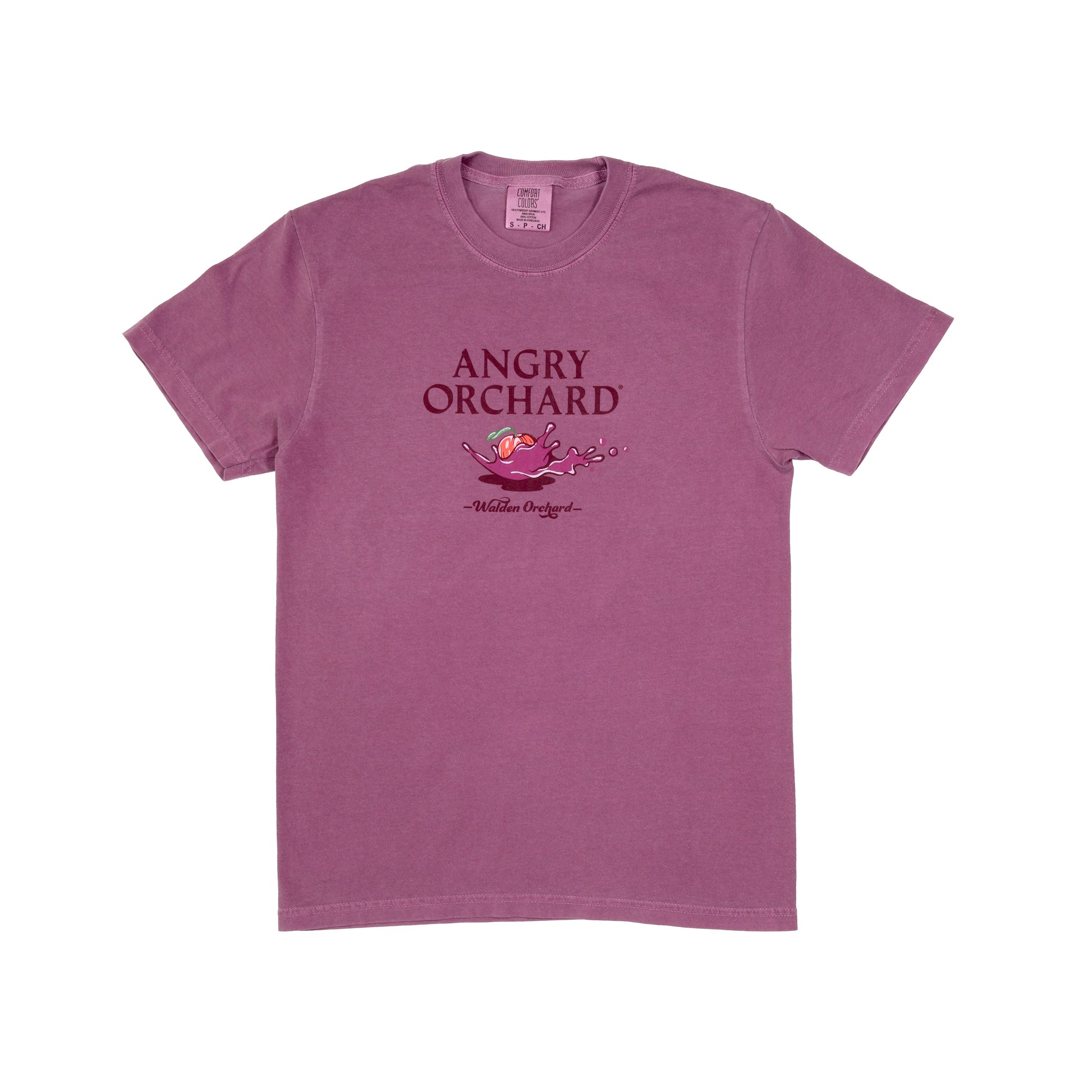 Plum Bike Short Sleeve Tee Design written in dark plum text. From top to bottom reading "Angry Orchard", then showing an Angry Orchard apple in motion, making a pink splash, underneath is "Walden Orchard" styled in a smaller dark plum retro font. 