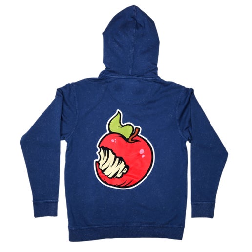 Back of blue hoodie features large, centered image of Angry Orchard red bitten apple.