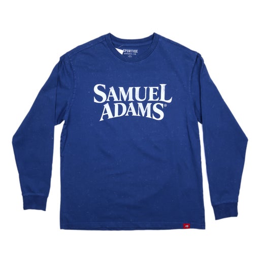 Front and back view of a Prussian blue long sleeve tee with the Samuel Adams logo printed in white on the front.