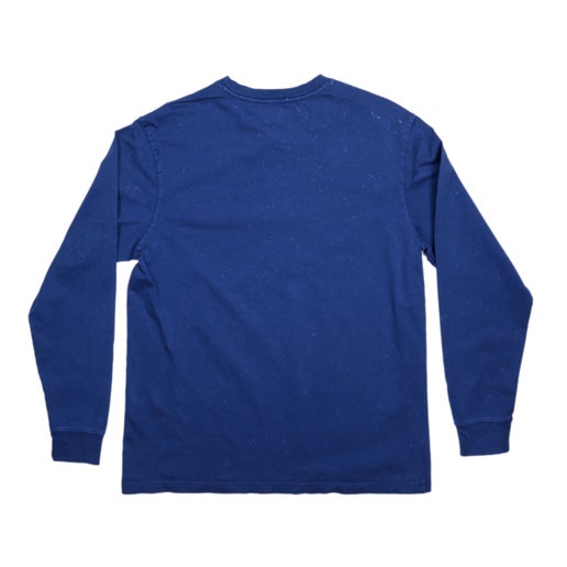 Front and back view of a Prussian blue long sleeve tee with the Samuel Adams logo printed in white on the front.