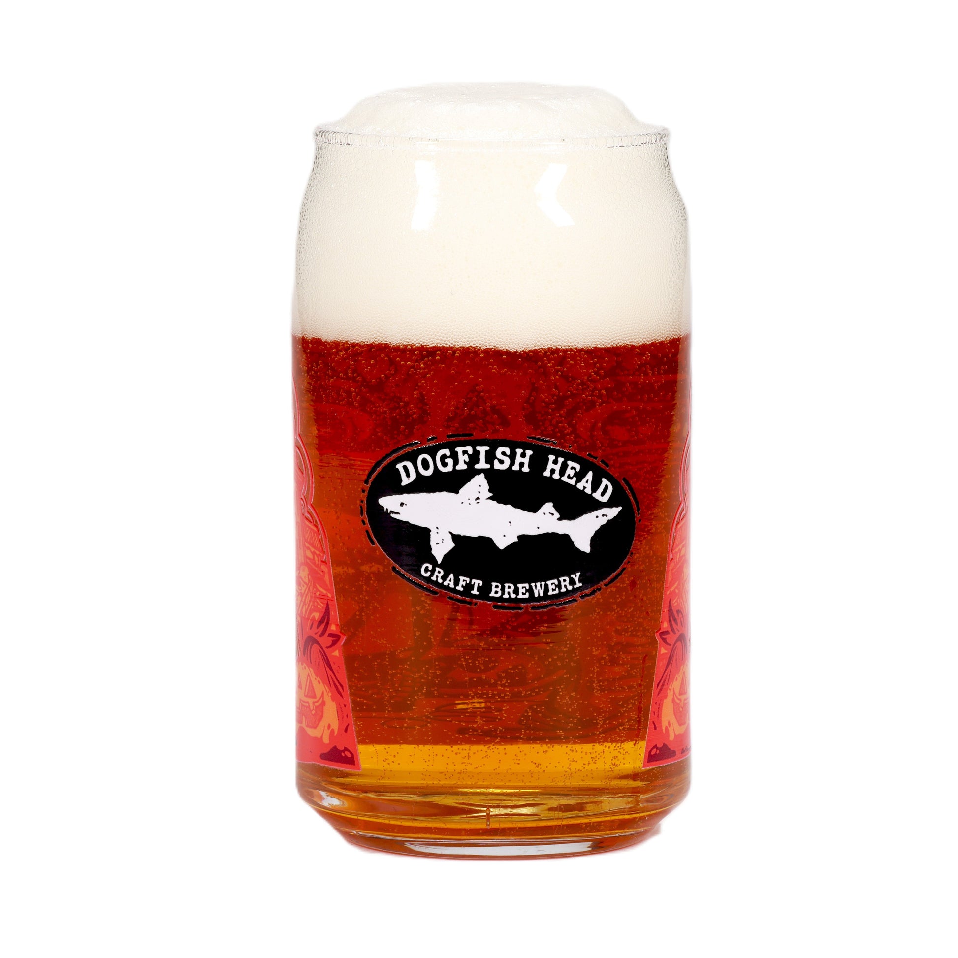 A Punkin Can Glass by Grandstand Glassware & Apparel, filled with amber beer and topped with a thick foamy head.