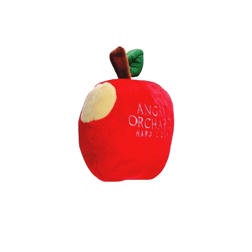 Dog toy is Angry Orchard's iconic bitten red apple. "Angry Orchard Hard Cider" is written on the front of the toy.