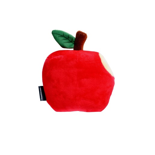 Dog toy is Angry Orchard's iconic bitten red apple. "Angry Orchard Hard Cider" is written on the front of the toy.