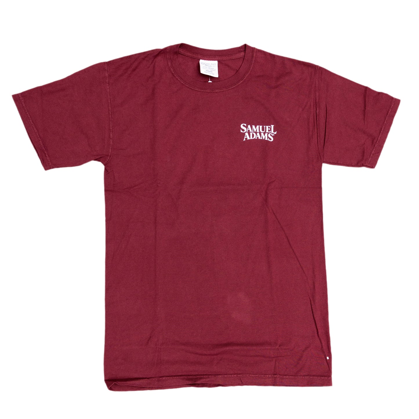 Front view of the red tee features a white Samuel Adams logo on the left side of the chest.