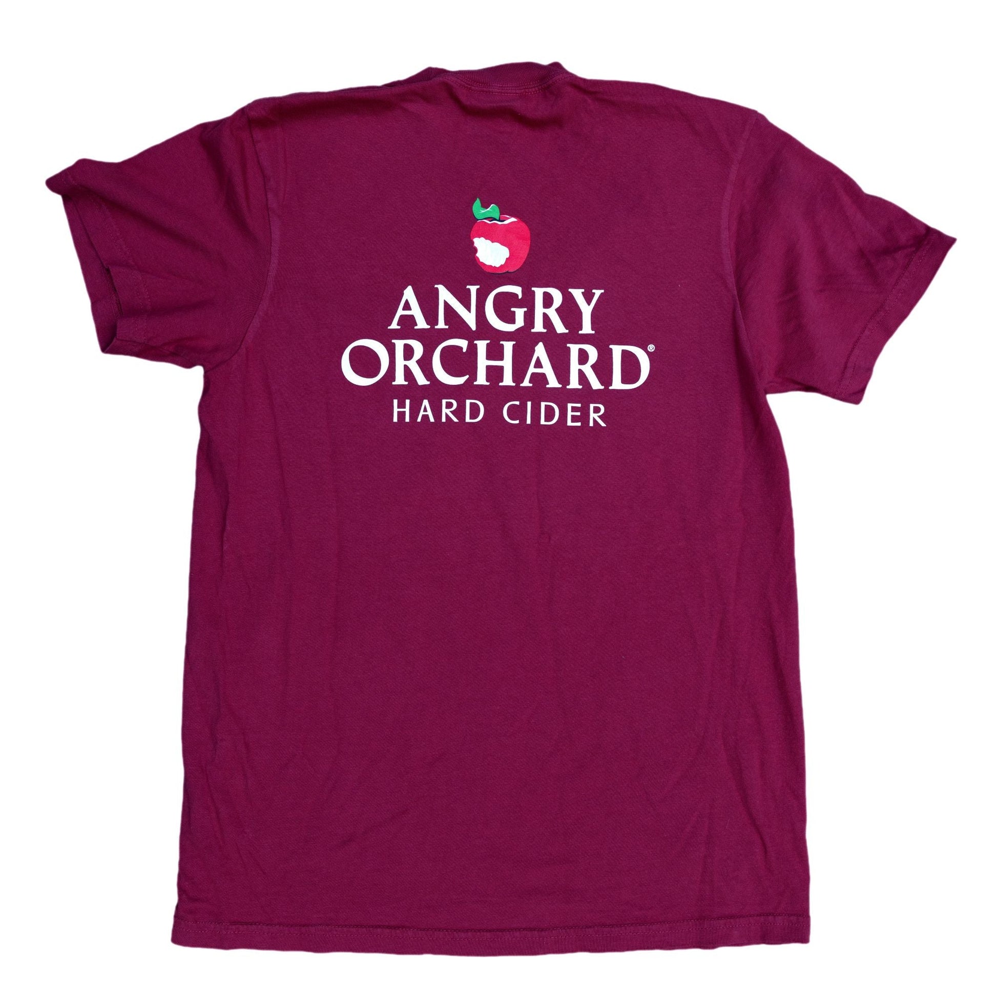 Backside of Burgundy Pocket Tee Short Sleeve. On the pocket in white text reads "Angry Orchard Hard Cider" with a red angry orchard apple logo centered right above the text