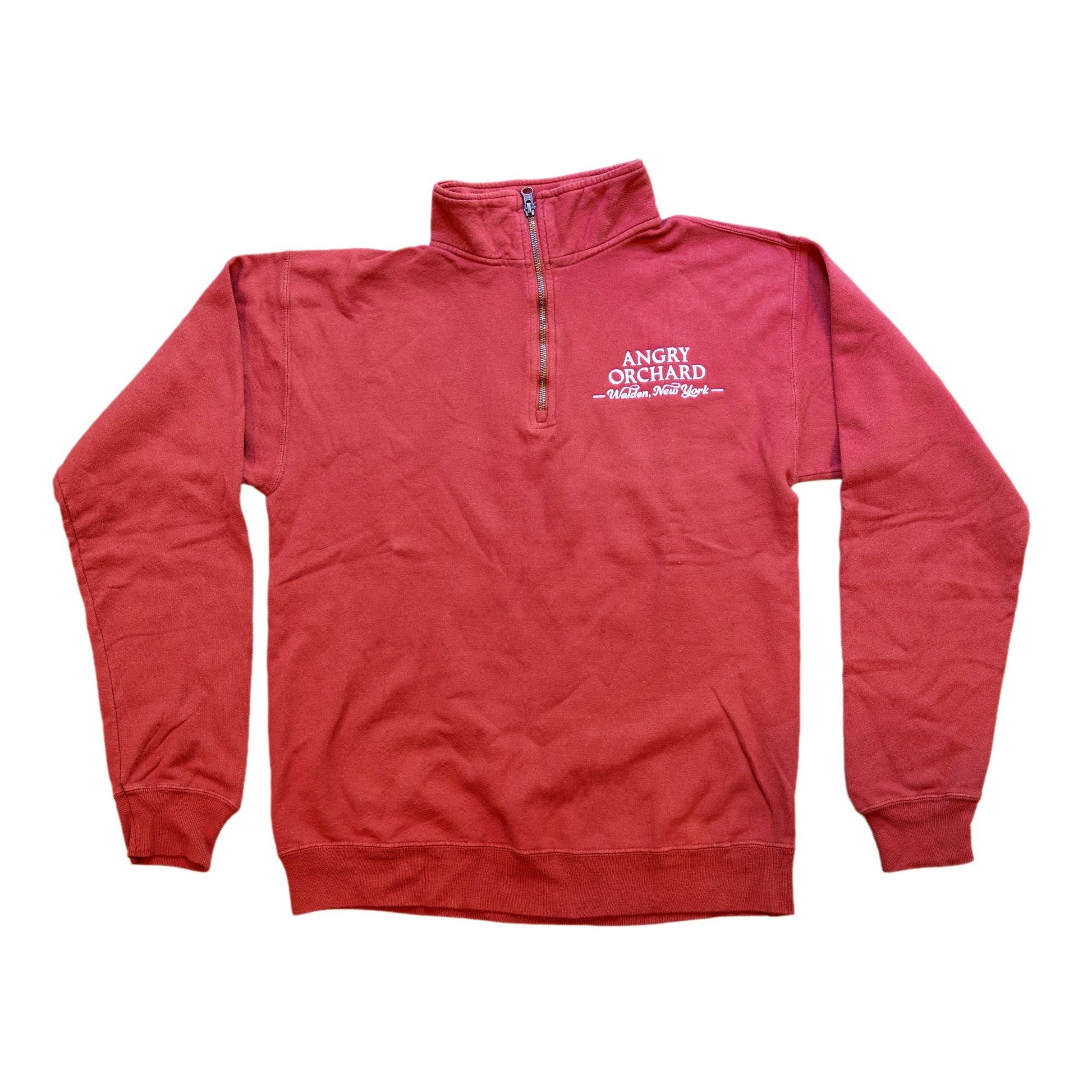 Red Quarter Zip with "Angry Orchard, Walden, New York" logo written in small white embroidery on left chest 