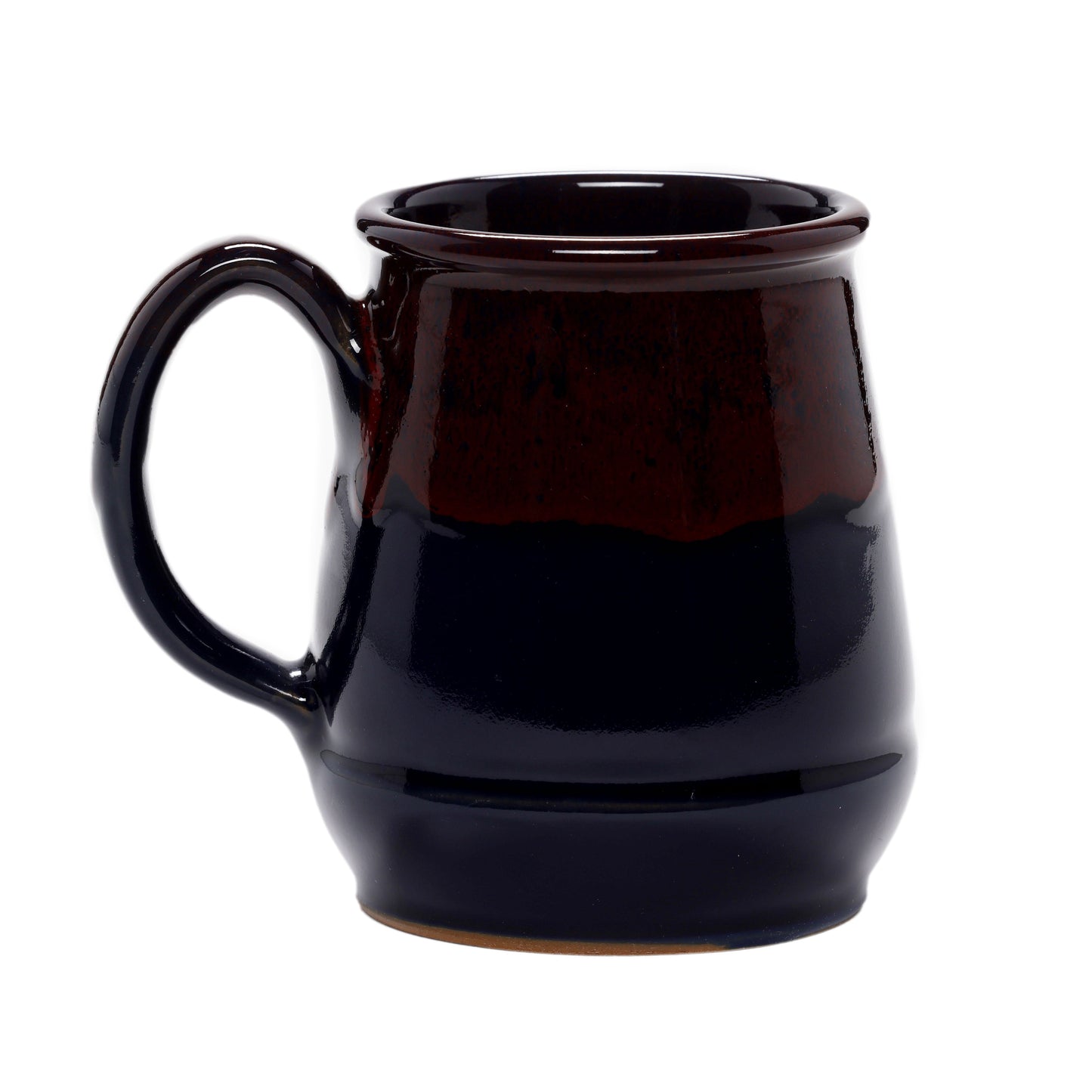 A navy ceramic mug with subtle red on the top with the classic Sam Adams "Love of Boston" logo on the front.