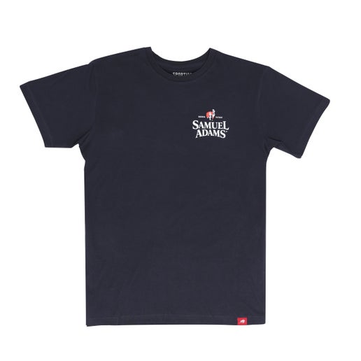 A navy colored base tee with a small text Sam Adams logo on the front.