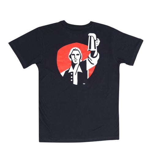 A navy colored base tee with large modern Sam hoist logo on the back.