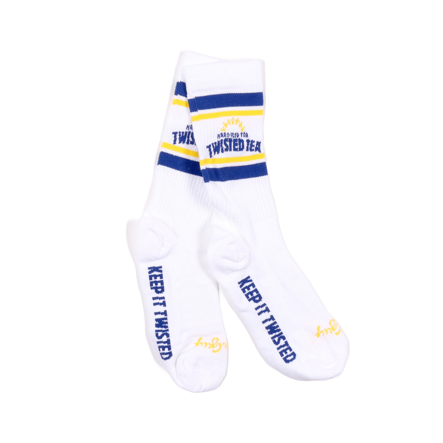 White socks with blue and yellow accents featuring 'Twisted Tea' branding on a white background.