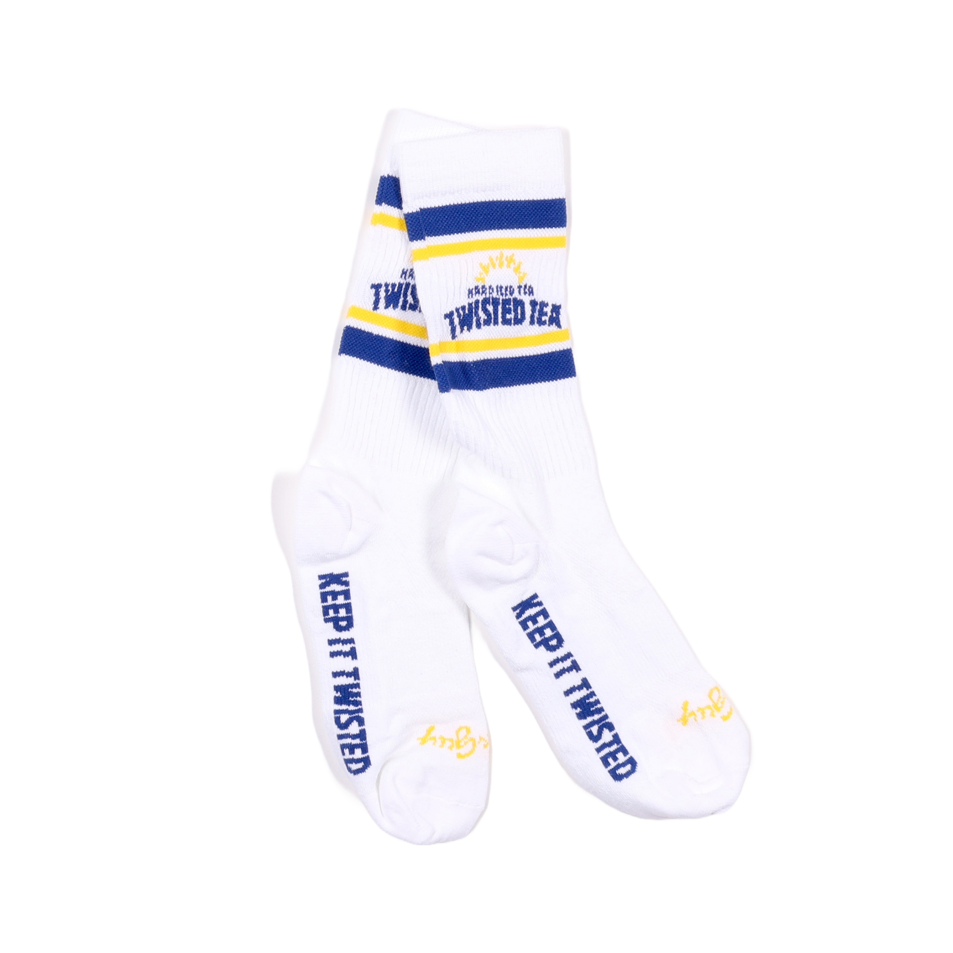 White socks with blue and yellow accents featuring 'Twisted Tea' branding on a white background.