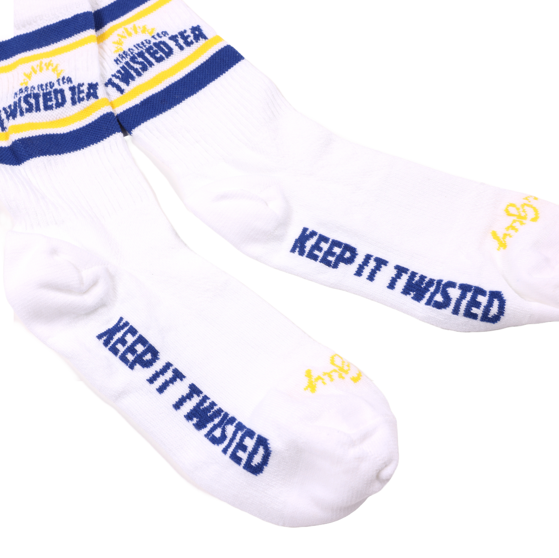 White socks with 'Keep It Twisted' text and brand logo on a white background