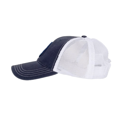 Side view of the RICHARDSON Navy Washed Core Trucker with an embroidered Samuel Adams Patch and adjustable back strap.