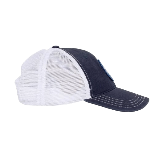Side view of the RICHARDSON Navy Washed Core Trucker with an embroidered Samuel Adams Patch and adjustable back strap.
