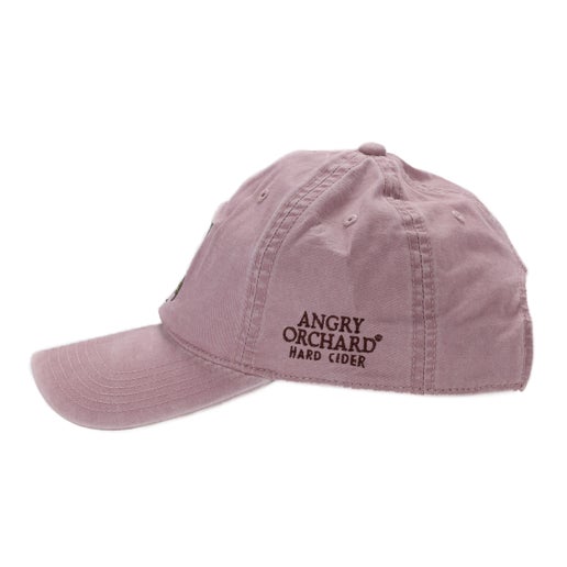 Side view of hat showing Angry Orchard written logo.