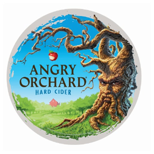 This round tracker has imagery of the Angry Orchard tree trunk with a face on it, including greenery surrounding it and the orchard in the distance, with writing "Angry Orchard Hard Cider", and the iconic Angry Orchard bitten red apple above it.