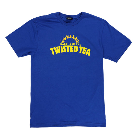 Blue t-shirt with 'Twisted Tea' logo on a white background