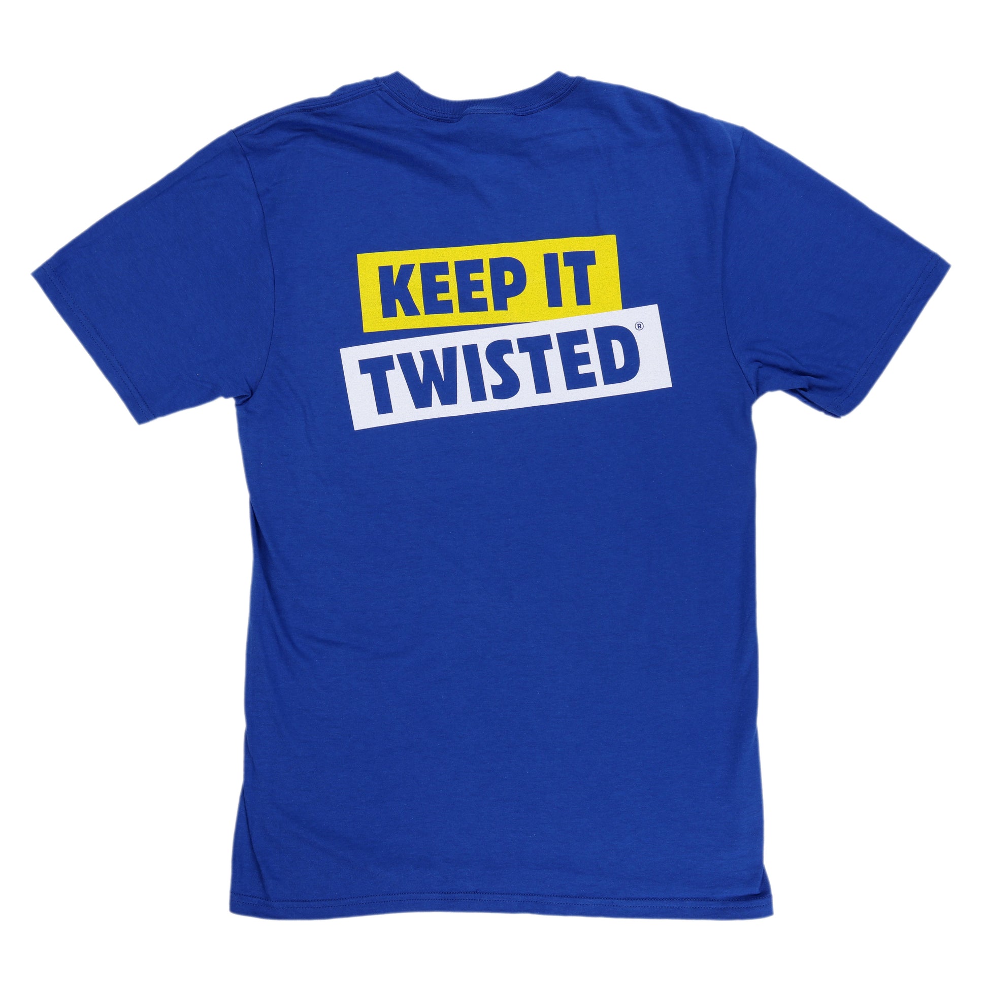 Blue t-shirt with 'KEEP IT TWISTED' text on a white background