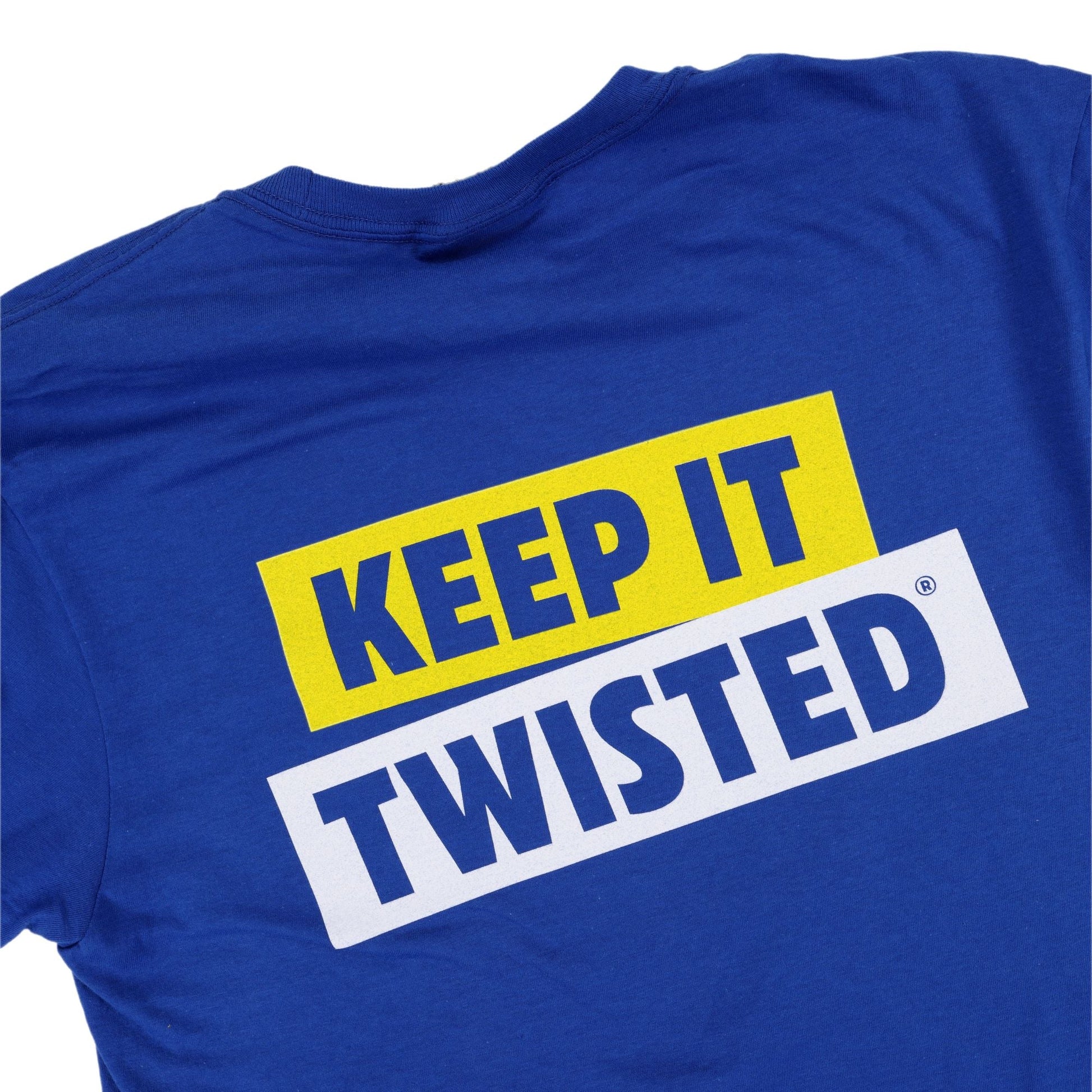 Blue t-shirt with 'KEEP IT TWISTED' text in yellow and white on a white background