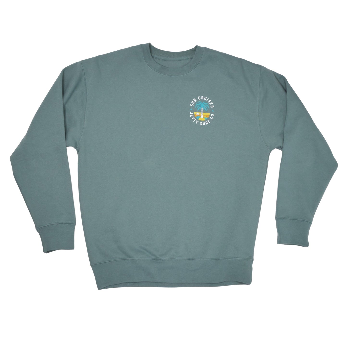 A dusty teal crewneck sweatshirt with a circular 'Sun Cruiser Jetty Surf Co' graphic printed on the left chest, displayed flat against a solid white background.