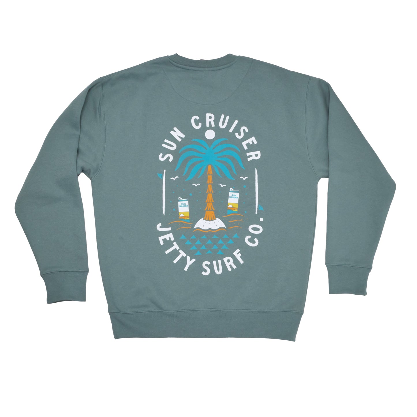 A slate blue crewneck sweatshirt featuring a colorful graphic on the back with a palm tree, cans, and the text 'Sun Cruiser Jetty Surf Co.'.