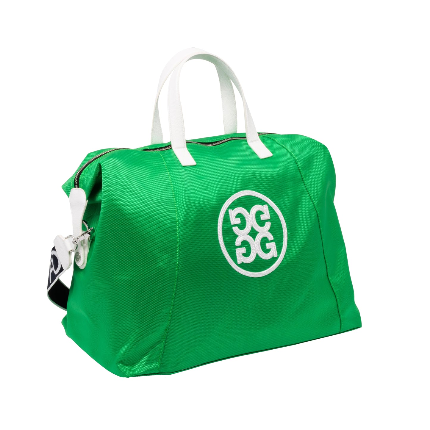 Sun Cruiser x GFORE Weekender Golf Bag in green with white handles, premium golf duffel bag front angled view with embroidered G/FORE logo
