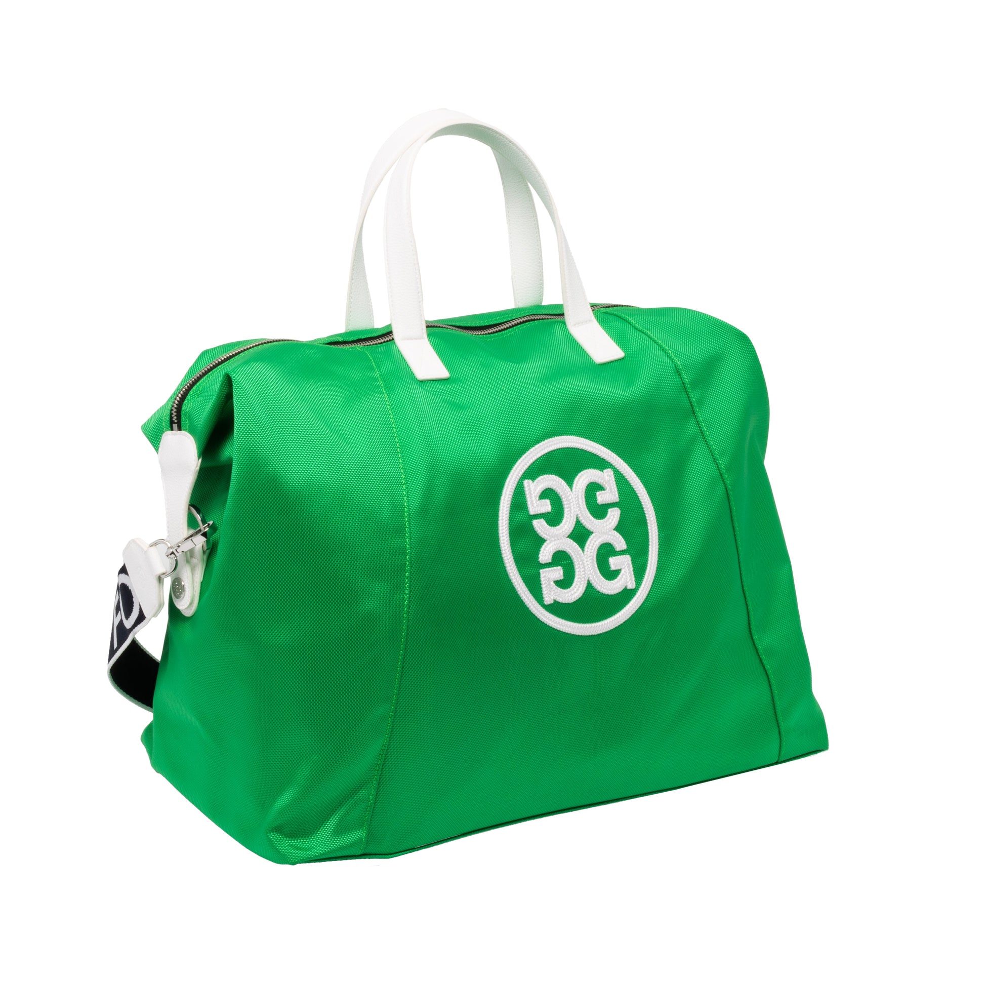 Sun Cruiser x GFORE Weekender Golf Bag in green with white handles, premium golf duffel bag front angled view with embroidered G/FORE logo