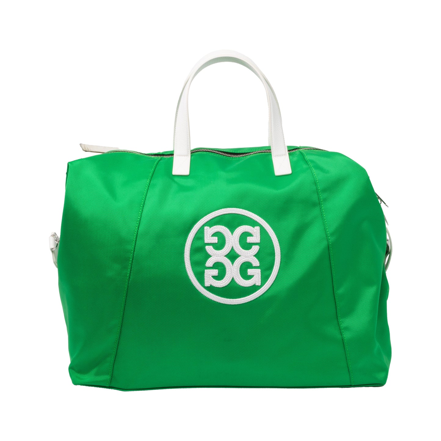 Green Sun Cruiser x GFORE Weekender Golf Bag front view featuring white handles and embroidered G/FORE logo, premium golf travel duffel