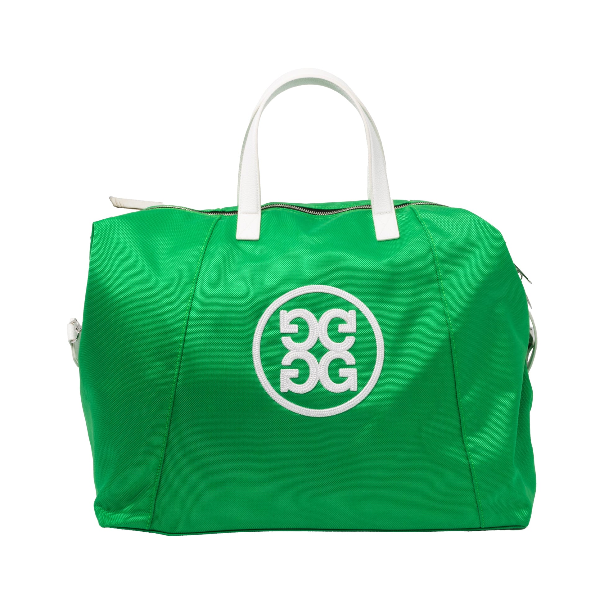 Green Sun Cruiser x GFORE Weekender Golf Bag front view featuring white handles and embroidered G/FORE logo, premium golf travel duffel