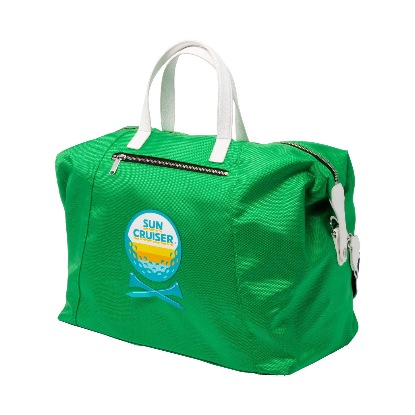 Sun Cruiser x GFORE Weekender Golf Bag side view showing Sun Cruiser logo, green golf duffel bag with white leather handles and zip pocket
