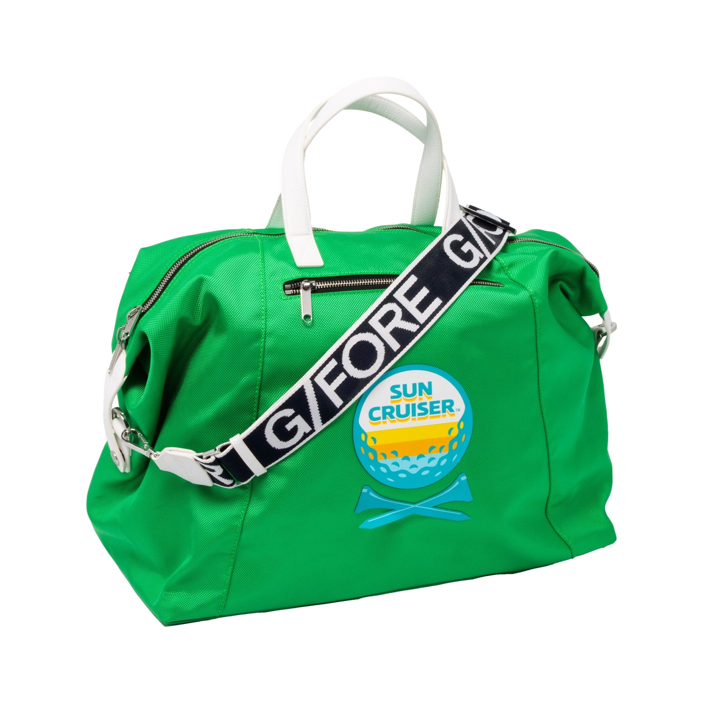 Sun Cruiser x GFORE Weekender Golf Bag with adjustable G/FORE branded strap, green golf travel duffel bag with logo patch detail