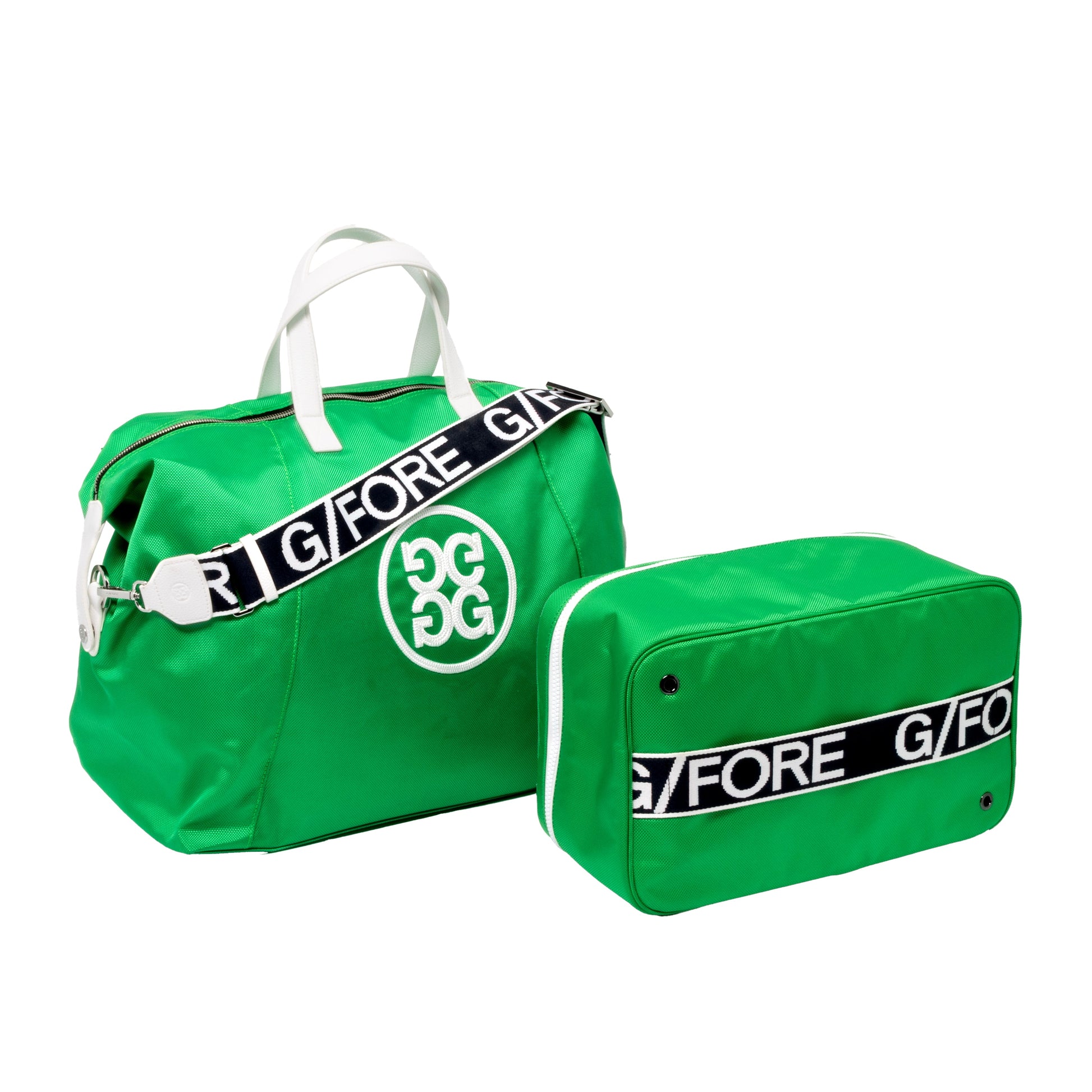 Sun Cruiser x G/FORE Weekender Golf Bag with matching green travel pouch, premium golf duffel set with white handles and branded shoulder strap
