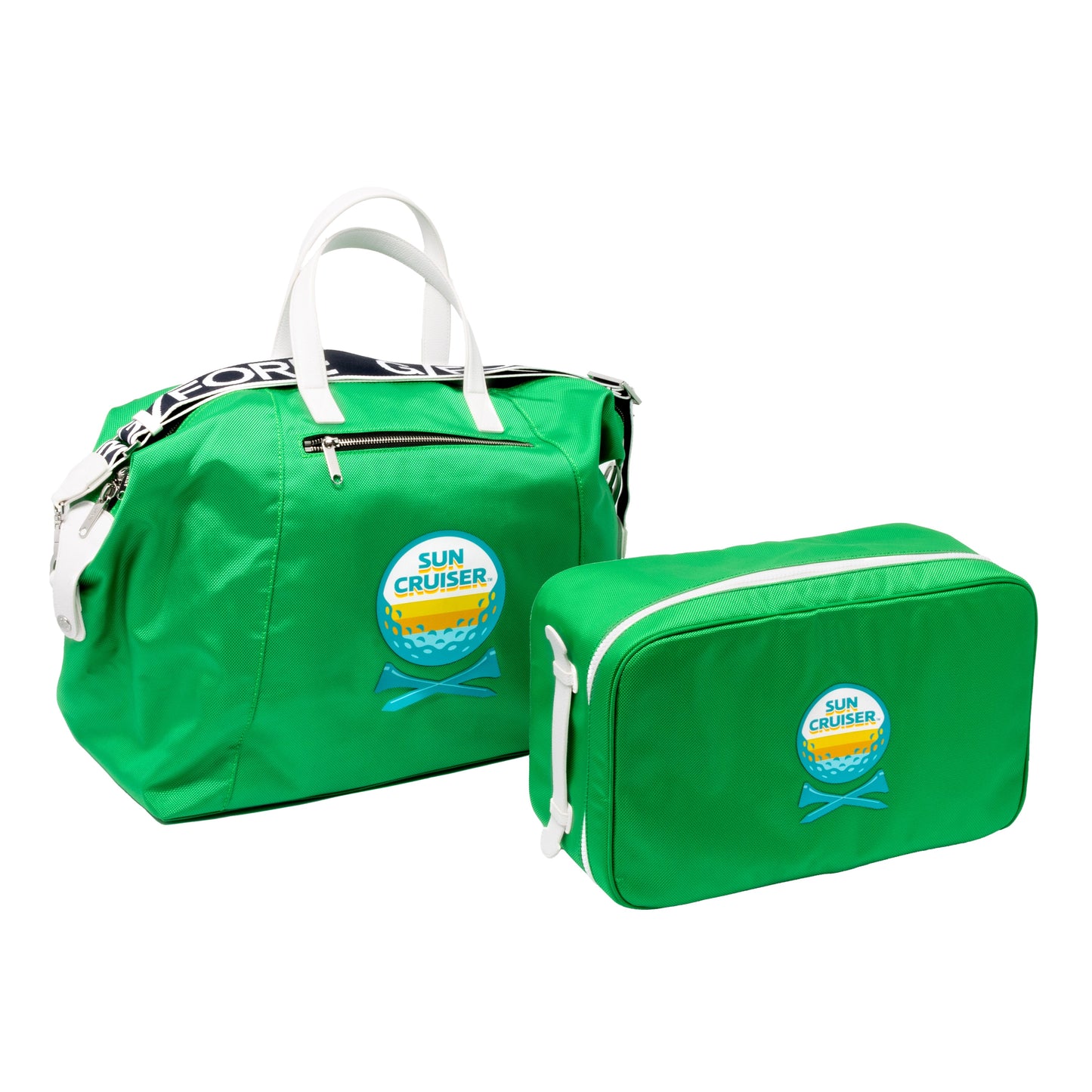 Green Sun Cruiser x G/FORE Weekender Golf Bag and matching accessory pouch, golf travel duffel set with Sun Cruiser logo and white trim detailing