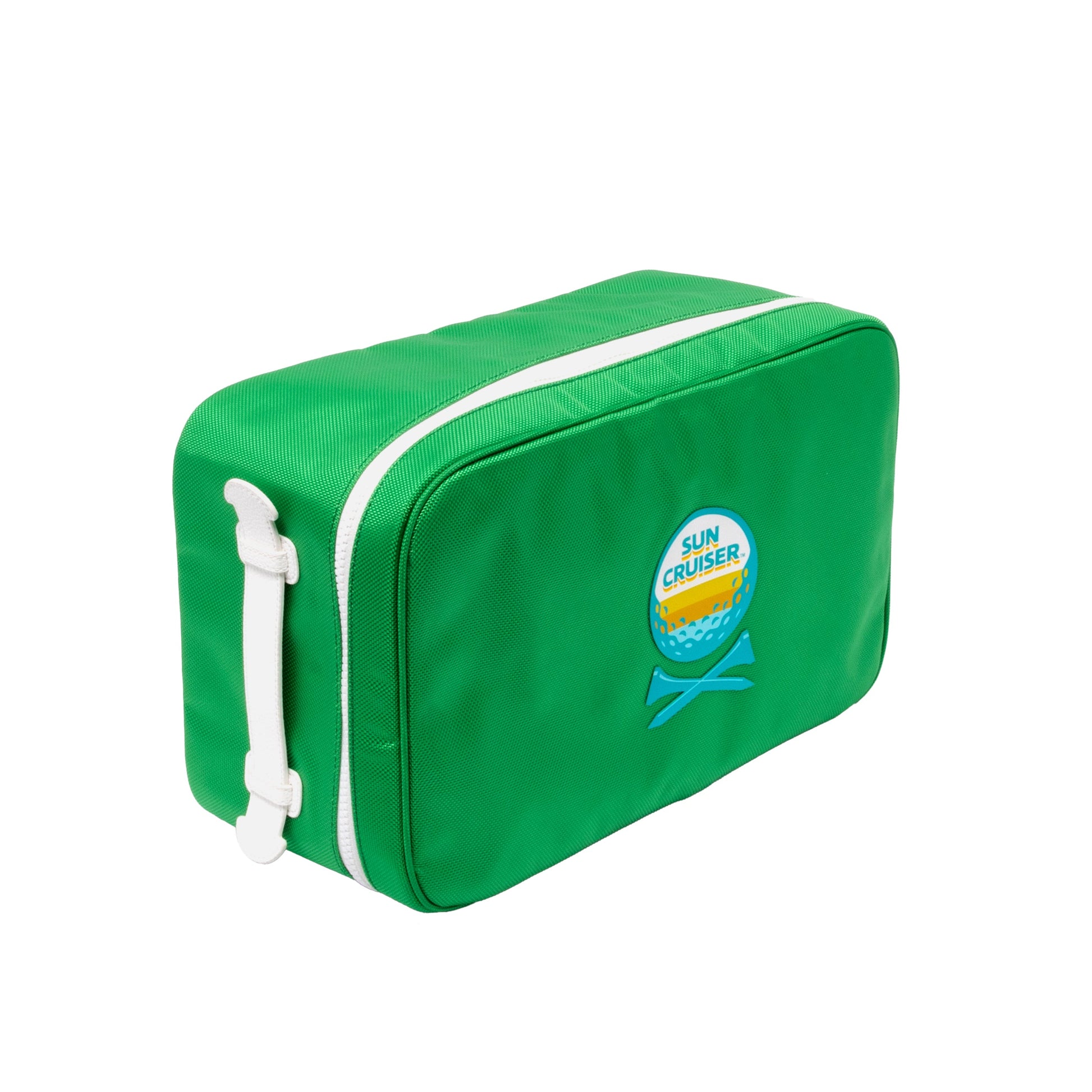 Sun Cruiser x G/FORE green canvas golf shoe bag with zip closure, white trim, and embroidered logo detail