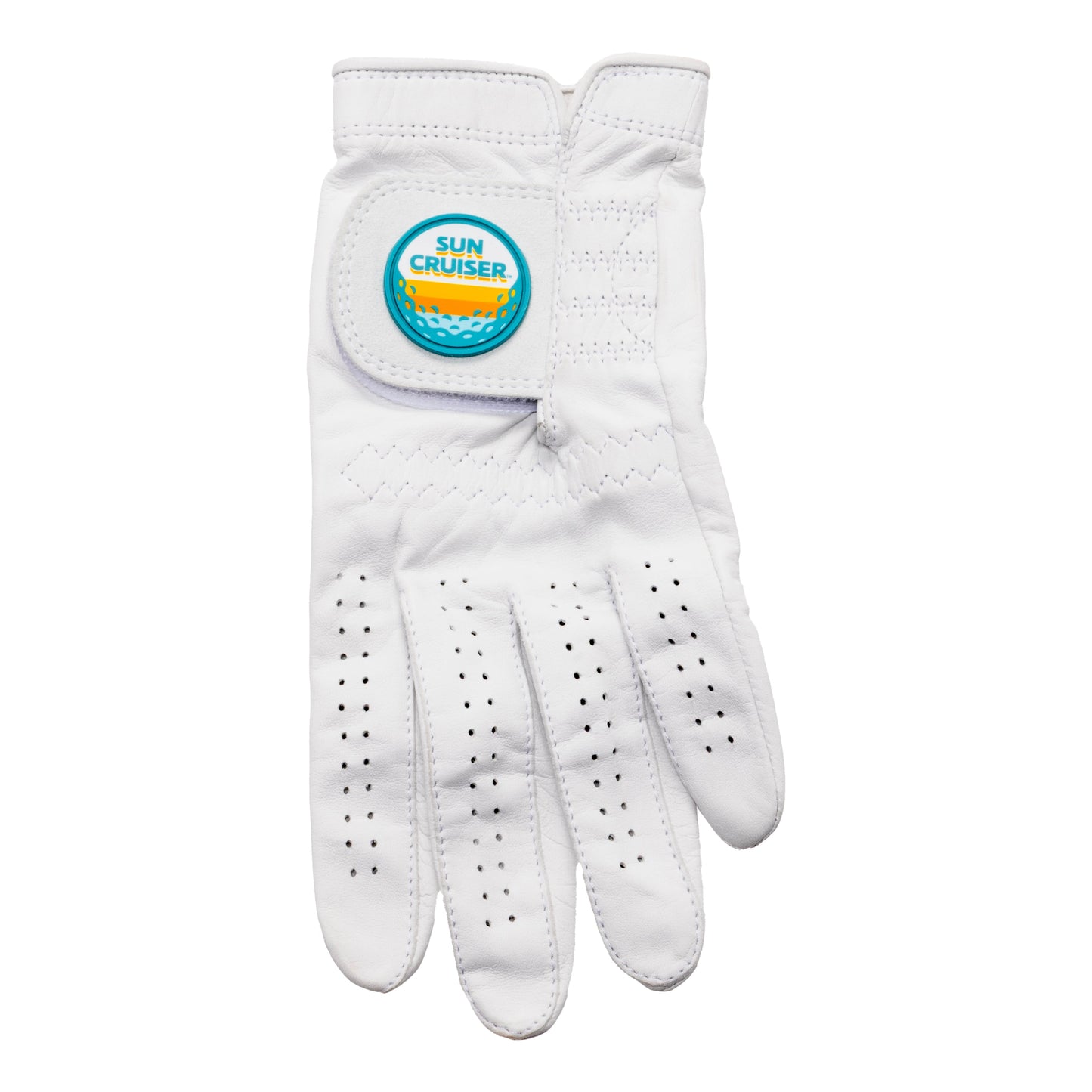 Sun Cruiser x G/FORE white leather golf glove top view with perforated fingers and Sun Cruiser logo tab, premium Cabretta leather golf glove