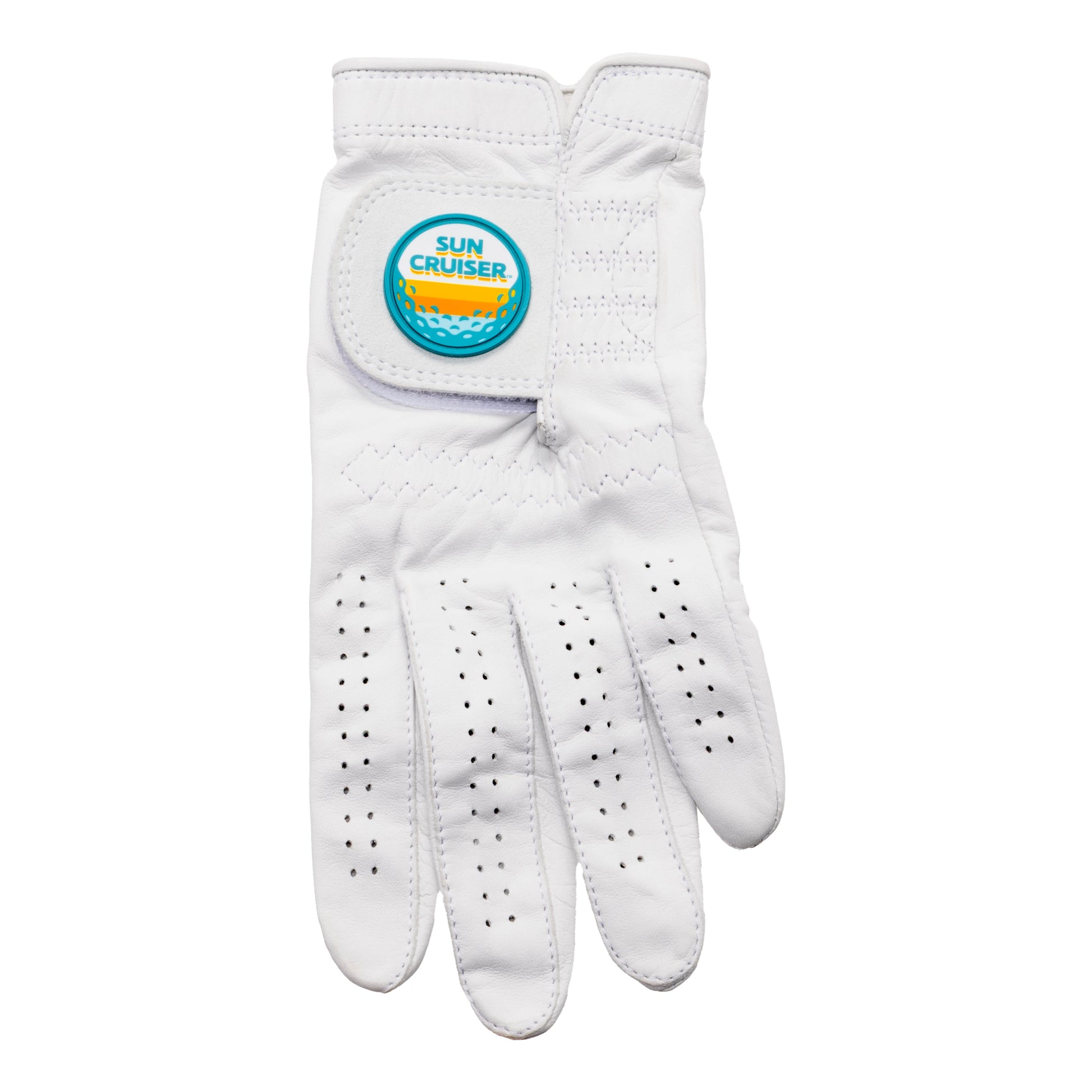 Sun Cruiser x G/FORE white leather golf glove top view with perforated fingers and Sun Cruiser logo tab, premium Cabretta leather golf glove