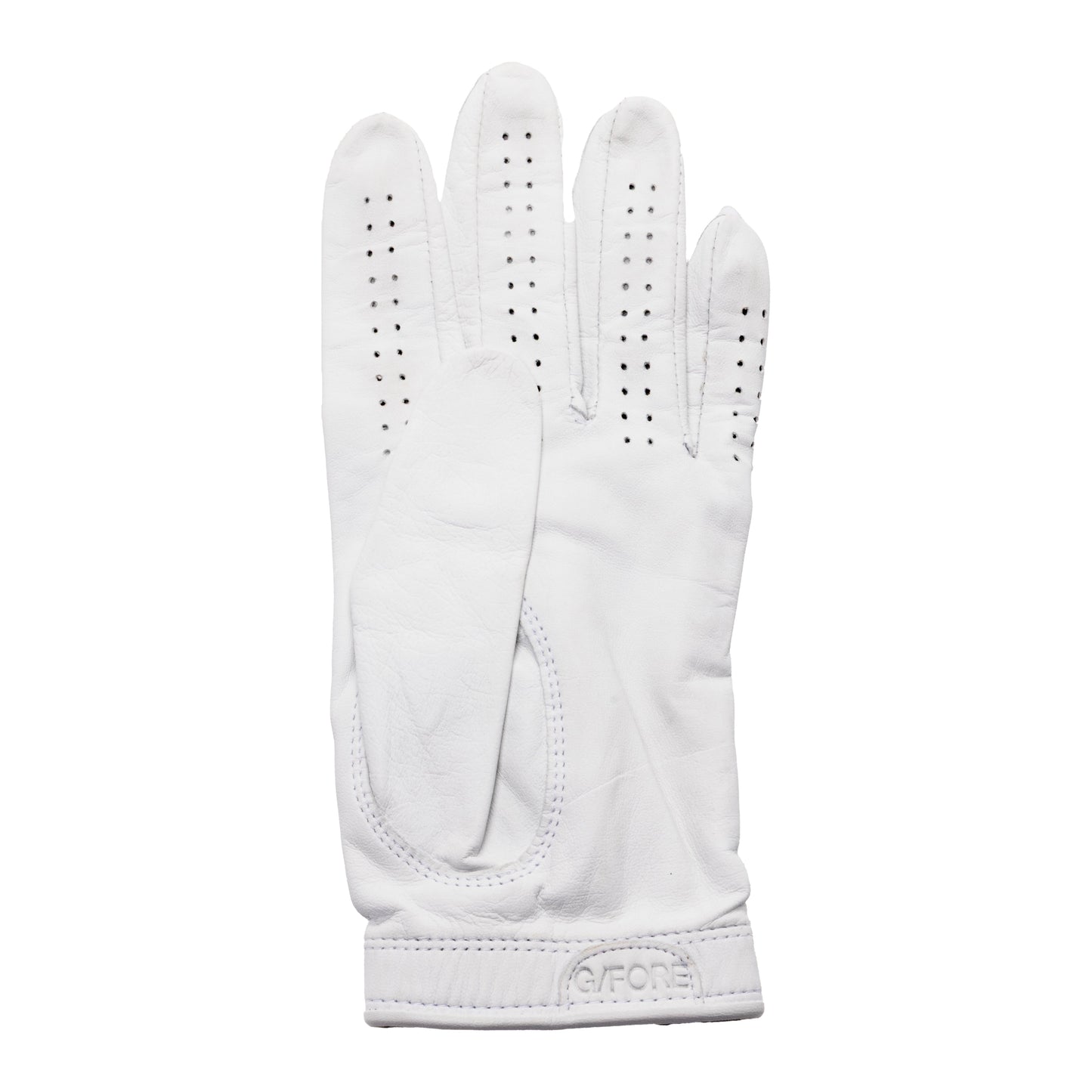Sun Cruiser x G/FORE white leather golf glove palm view with perforation detail and soft Cabretta leather construction for enhanced grip